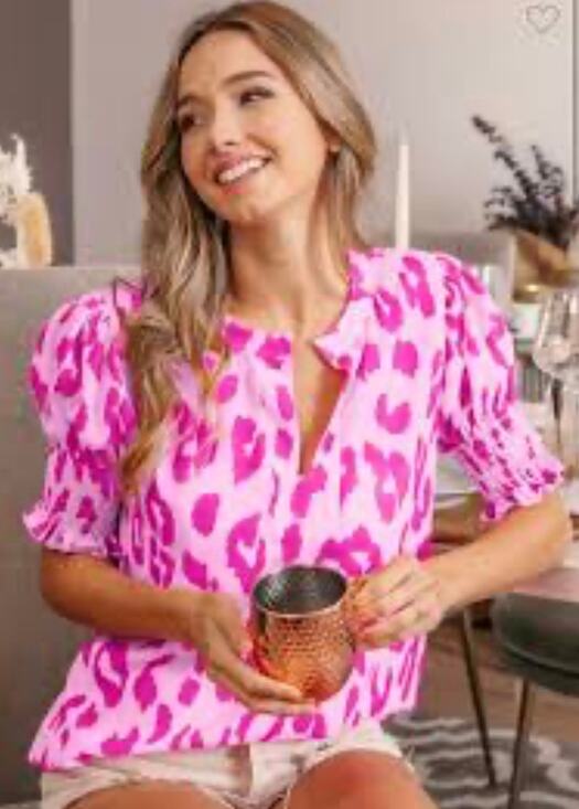 Bibi Tops - BiBi Leopard Smocked Short Sleeve Blouse
